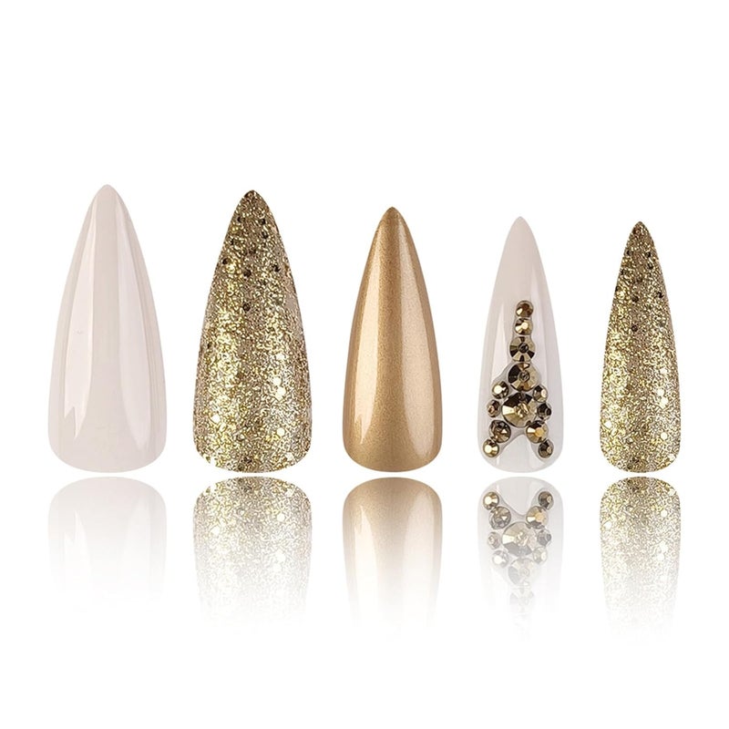 SINHOT Press on Nails Long Stiletto Fake Nails Luxury Rhinestones Acrylic Nails Glossy Glue on Nail Gold Glitter Almond Artificial Stick on False Nail with Design 24 pcs - Image 2